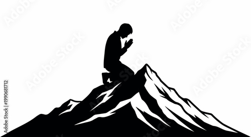 Silhouette of a lone climber standing atop a jagged mountain peak beneath a clear sky, evoking solitude and triumph