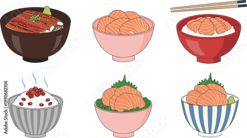 Japanese Rice Bowl Vector Set with Salmon, Eel and Garnished Donburi Dishes for Traditional Cuisine Illustrations, Restaurant Menus and Asian Food Design Projects