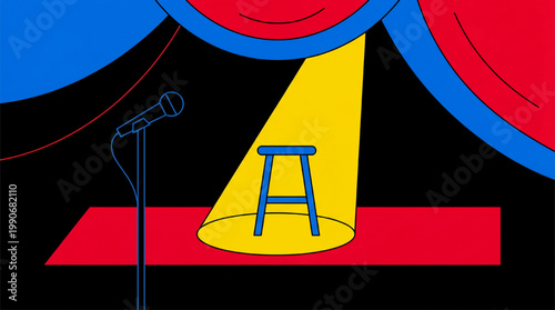 Minimalist vector illustration of a stage with a spotlight on a stool and a microphone