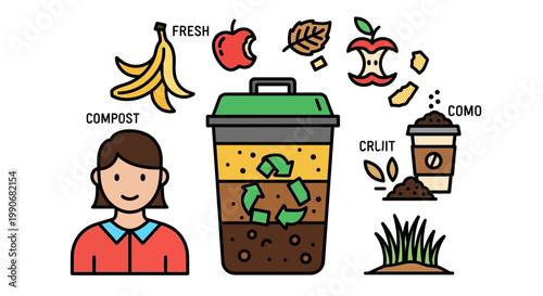 Illustration of Composting Process with Organic Waste and Recycling Symbols