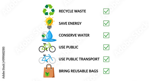 Eco-friendly actions checklist with icons for sustainability awareness