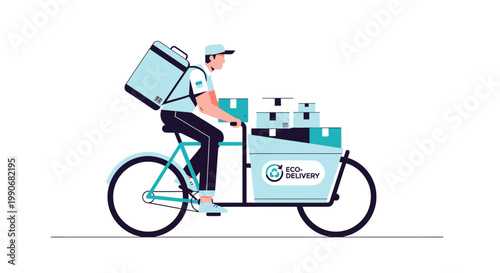 Courier on bicycle delivering packages in modern flat design illustration