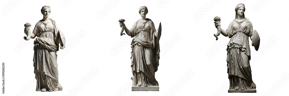 Fototapeta premium Classic Greek Female Statues Set Isolated on White Background for Ancient History, Mythology, Roman Art Decor, Historical Monument, and Museum Exhibition Collection Design.
