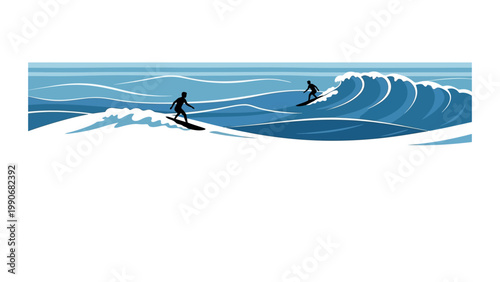 Two surfers ride ocean waves on surfboards.