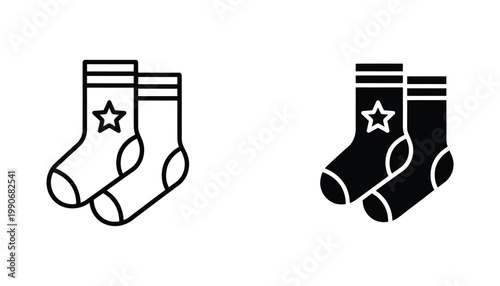 Warm winter socks pair icon set with star pattern decoration featuring linear and solid black graphic styles for clothing and retail apparel concepts isolated on white background