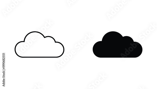 Weather cloud icon set featuring fluffy cumulus shape in linear and solid black graphic designs for meteorological and digital interface applications isolated on white background