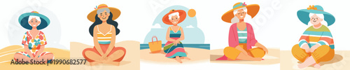vector of a grandma sitting on the beach enjoying summer