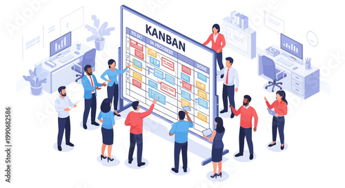 Team collaborating on a Kanban board for project management