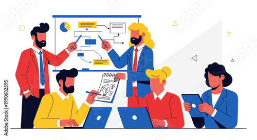 Business professionals collaborate on a project in a modern office setting.