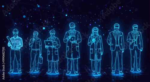 Diverse professionals in a futuristic digital network.