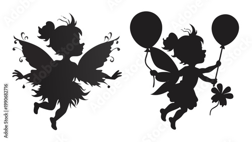 A captivating pair of black silhouettes showing two distinct girl fairies, one gracefully flying with elaborate wings and a skirt, while the other cheerfully floats holding balloons and a lucky four-l