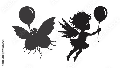 A charming compilation of two black silhouettes featuring a stylized butterfly with a balloon attached and a cute baby fairy happily flying while holding onto a separate floating balloon against a pur