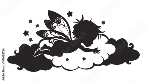A beautiful black silhouette featuring a serene baby fairy with detailed butterfly wings, peacefully sleeping or resting on a soft, wispy cloud, surrounded by scattered small stars, isolated on a whit