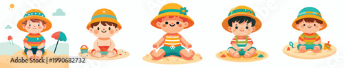 vector of a little boy sitting on the beach enjoying summer