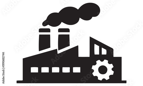 Factory Silhouette with Chimneys and Gear Symbol