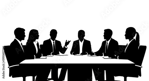 Silhouettes of people in a business meeting around a table.