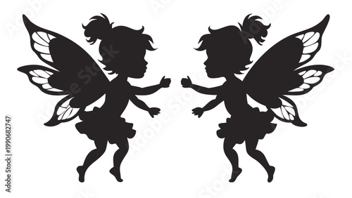 A charming pair of black silhouettes depicting two identical sweet girl fairies with delicate, detailed wings, standing facing one another with outstretched arms, ready for an embrace or playful inter
