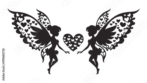 An exquisite black silhouette presenting two graceful female fairies with uniquely intricate, heart-patterned wings, holding hands around a central ornate heart, symbolizing profound love, unity, and 