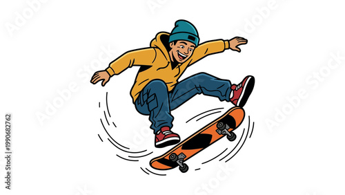 Teenager skateboards performing tricks on a vibrant board with motion lines around him.