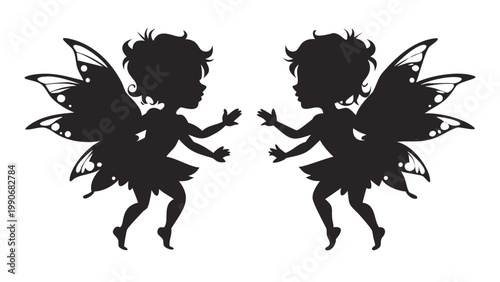 A charming pair of black silhouettes depicting two identical sweet girl fairies with delicate, detailed wings, standing facing one another with outstretched arms, ready for an embrace or playful inter