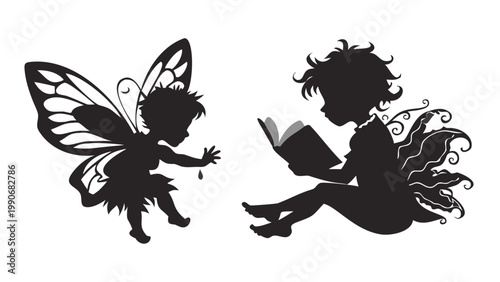 A charming dual black silhouette depicting a playful baby fairy with ornate wings reaching out, alongside a serene baby fairy engrossed in reading a book, representing both imagination and quiet conte