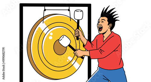 Man enthusiastically hitting large gong with mallet in hand indoors.