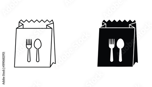Set of takeaway food bag icons with cutlery symbols rendered in both outline and solid black styles for restaurant menus or mobile application user interface design