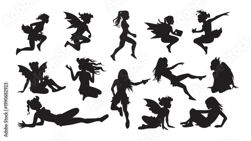 Many diverse silhouettes of graceful fairies with wings are actively posing in various magical and enchanting stances, creating a whimsical collection perfect for design elements or storytelling.