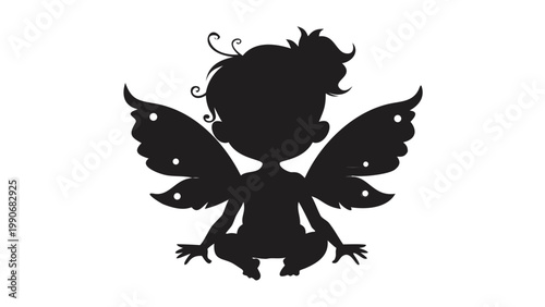 A simple and endearing silhouette of a cute baby fairy with four tiny, delicate wings is depicted sitting gracefully in a front-facing squat, exuding innocence and whimsical charm against a plain back