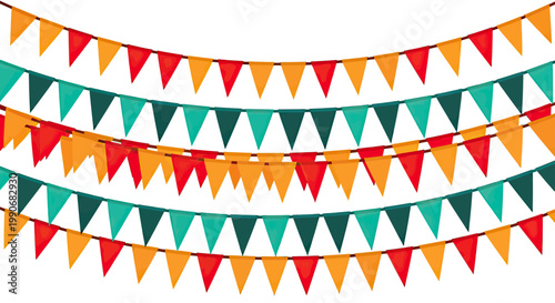 Rows of colorful triangle flags strung on lines create a festive decoration