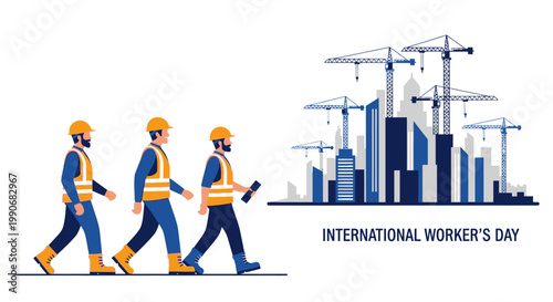 International Workers Day vector illustration with construction workers and city skyline