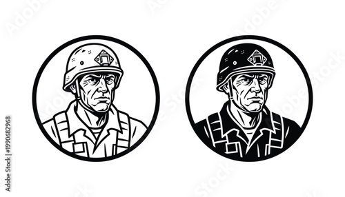 Military soldier portrait icon set featuring a combat helmet and tactical gear in both detailed line art and bold solid black graphic styles for defense and security themes