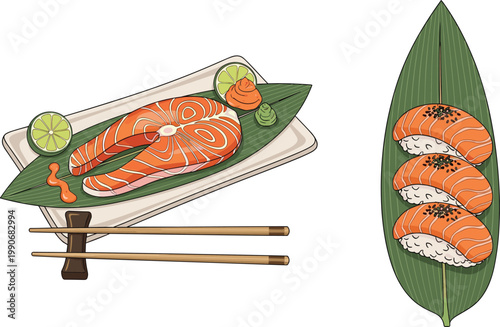 Salmon Sushi and Sashimi Set with Chopsticks on Leaf Plate Illustration for Japanese Cuisine, Seafood Menu Design, Restaurant Branding, and Food Packaging Projects