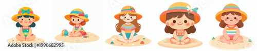 vector of a little girl sitting on the beach enjoying summer