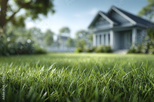 Green grass close up with blurred house and garden background in bright daylight, creating fresh and peaceful outdoor atmosphere in residential neighborhood