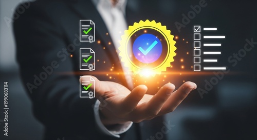 Businessman Holding Glowing Quality Assurance Badge and Compliance Checklist Digital Illustration