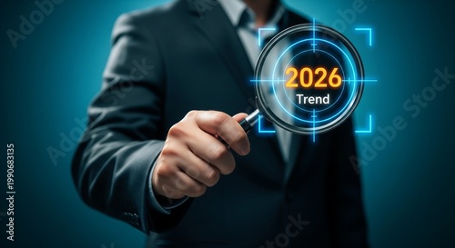 Businessman Holding Magnifying Glass Over 2026 Trend Graphic, Conceptual Image for Market Analysis
