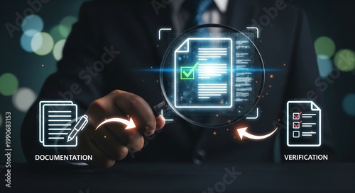 Businessman Holding Magnifying Glass Over Digital Document Icon for Compliance and Verification