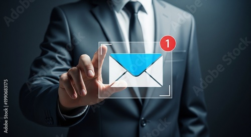 Businessman in Suit Touching Virtual Email Icon with Notification for Digital Communication