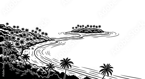 Tropical island with palm trees and flowing water.