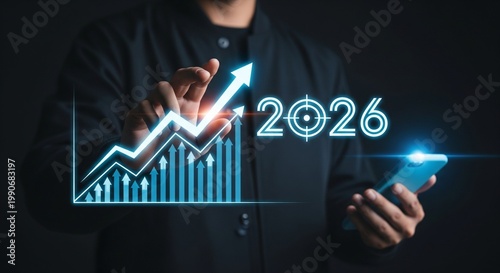 Businessman interacting with a holographic growth chart and 2026 goal for business strategy