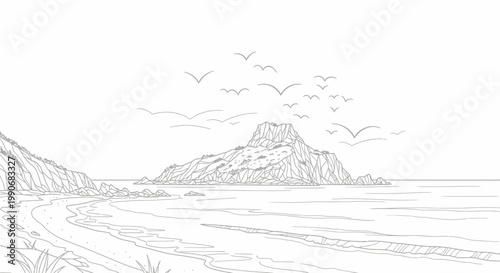 Simple coastal landscape drawing with beach, ocean, and flying birds
