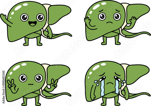 Cute Liver Cartoon Character Set with Different Facial Expressions for Medical Illustration, Healthcare Education, Anatomy Learning, and Organ Awareness Design Projects