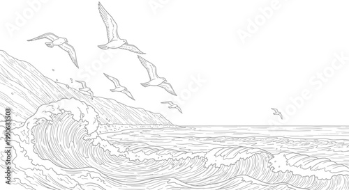 Konstfotografi Seagulls fly over crashing waves near a rocky coastline