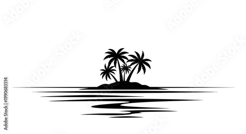 Tropical island with palm trees and ocean reflection silhouette.