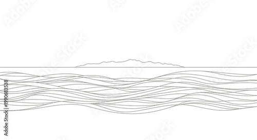 Minimalist island silhouette over a stylized sea wave pattern