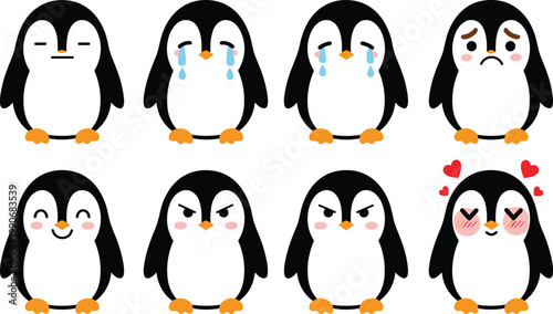 Cute Penguin Cartoon Character Set with Various Emotions Including Happy, Sad, Crying, Angry, and Love Expressions for Stickers, Kids Design, and Mascot Projects