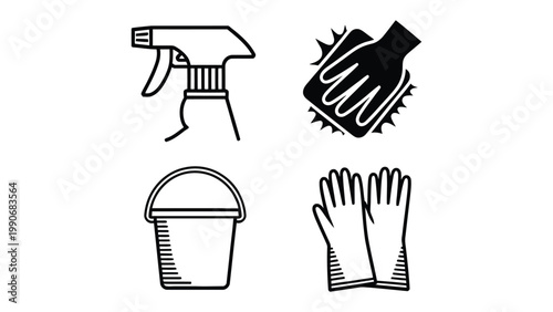 Essential Cleaning Supplies Icon Set: A collection of essential cleaning tools, elegantly illustrated, ready to tackle any cleaning task with efficiency and style.