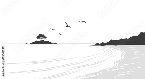 Monochromatic coastal landscape with birds flying over the sea and a lone tree.
