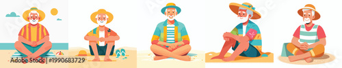 vector of a grandpa sitting on the beach enjoying summer